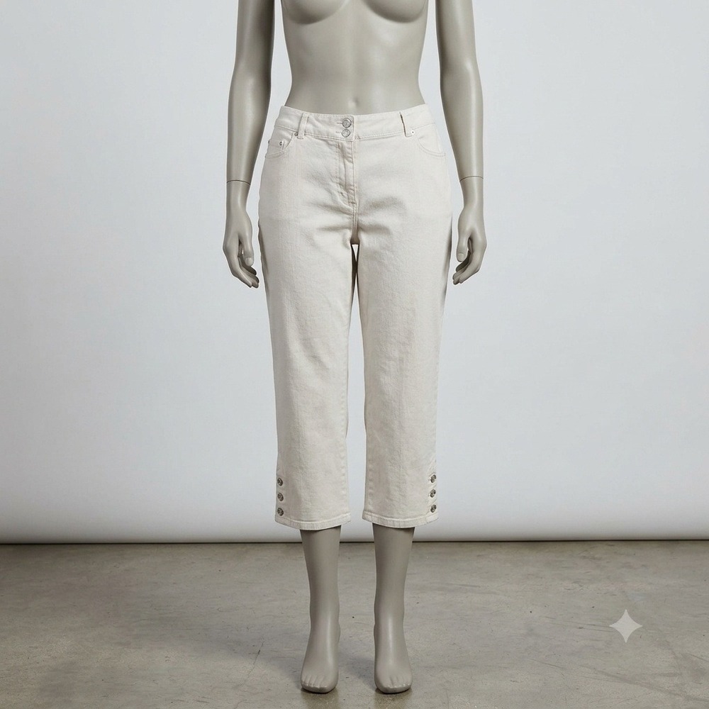 Lark Lane Womens White Cotton Stretch Capri Pants Size 16 Button Hem Cropped